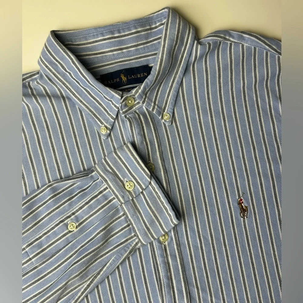 Ralph Lauren Oxford Knit Button Down Dress Shirt Mens XL Blue Embroidered Pony
